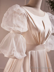 Beautiful Scoop Neck Tea Length Prom Dress, A-Line Puffy Short Sleeve Backless Party Dress