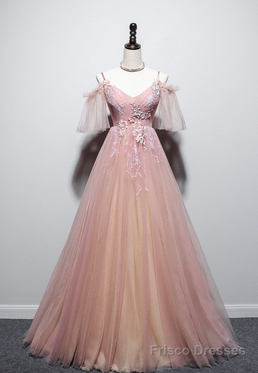 Pink V-Neck Lace Long Prom Dresses, A-Line Evening Dresses Main image