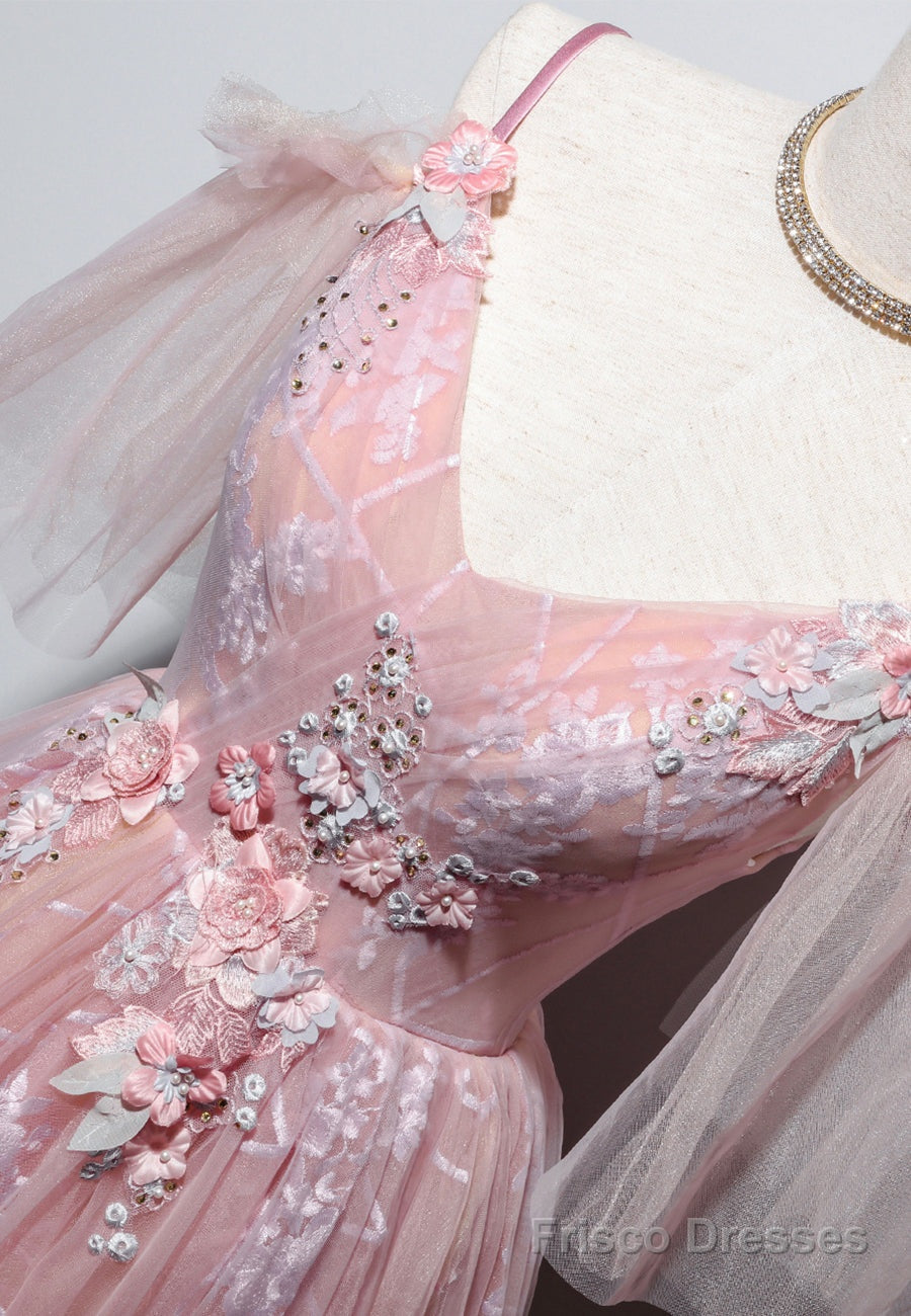 Pink V-Neck Lace Long Prom Dresses, A-Line Evening Dresses