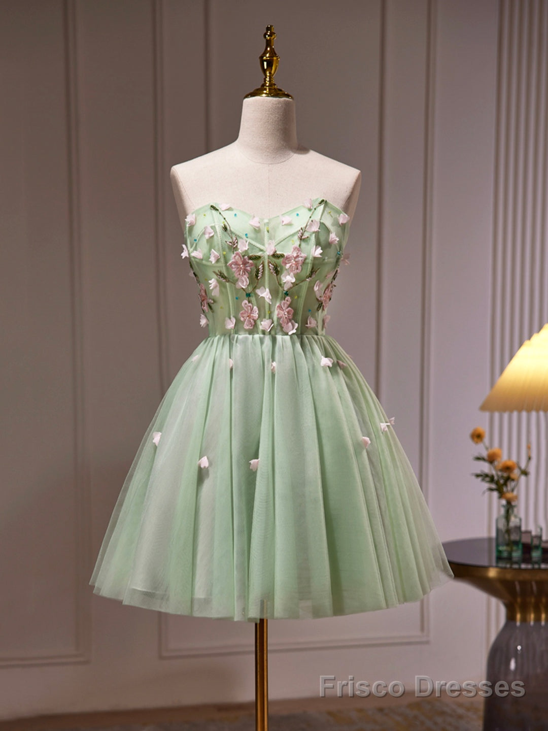 Green Tulle Beaded Party Dress, Green Short Prom Dress with Flowers