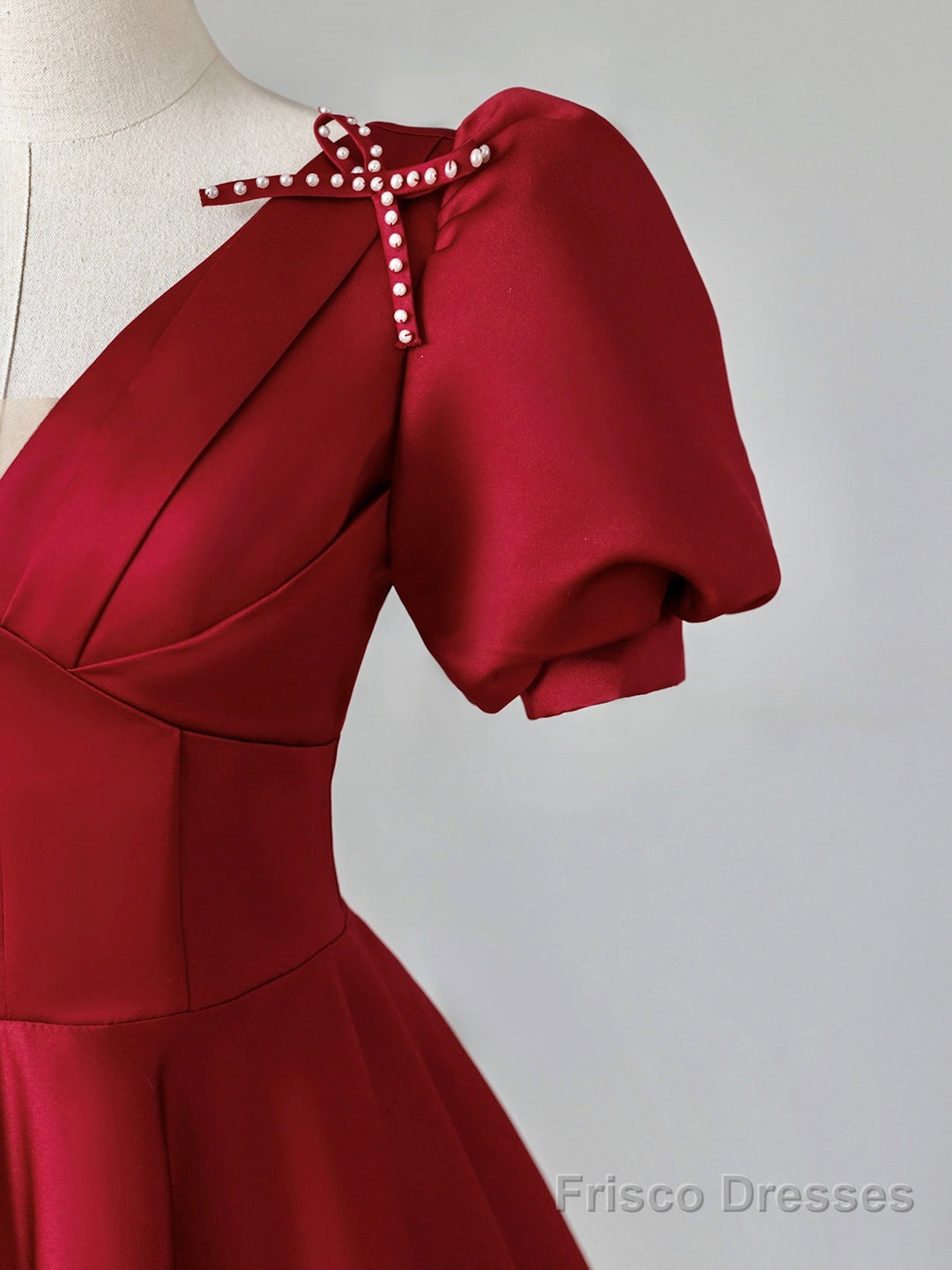 Burgundy V-Neck Satin Long Prom Dress, Burgundy Formal Evening Dress
