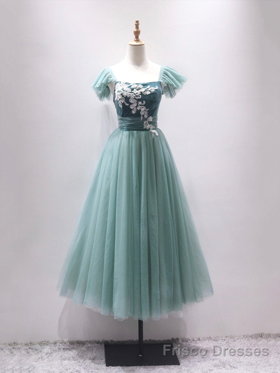Green Velvet Tulle Tea Length Prom Dress, Cute A-Line Party Dress with Lace Main image