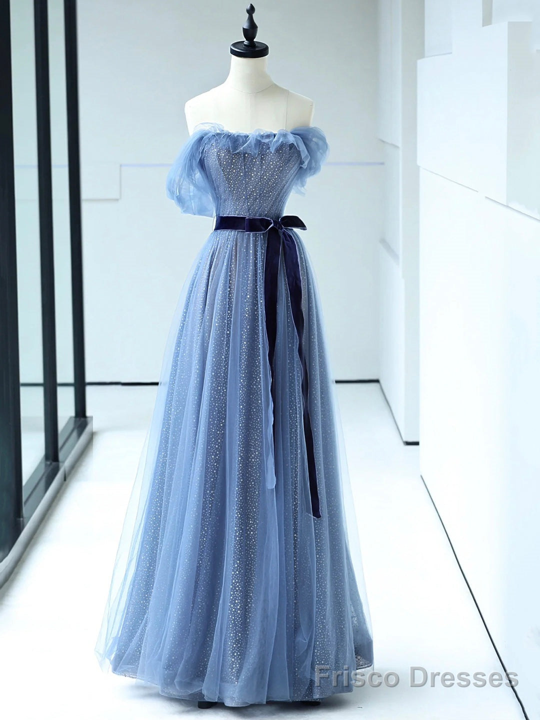 Strapless Tulle Blue Floor Length Prom Dress, A-Line Blue Evening Party Dress Main image