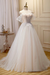 Champagne Lace Long A-line Prom Dress, Off the Shoulder Evening Dress