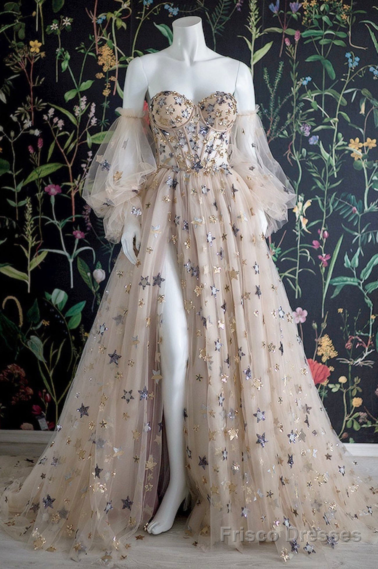 Champagne Tulle Long Prom Dress, Off the Shoulder Evening Dress with Stars Main image