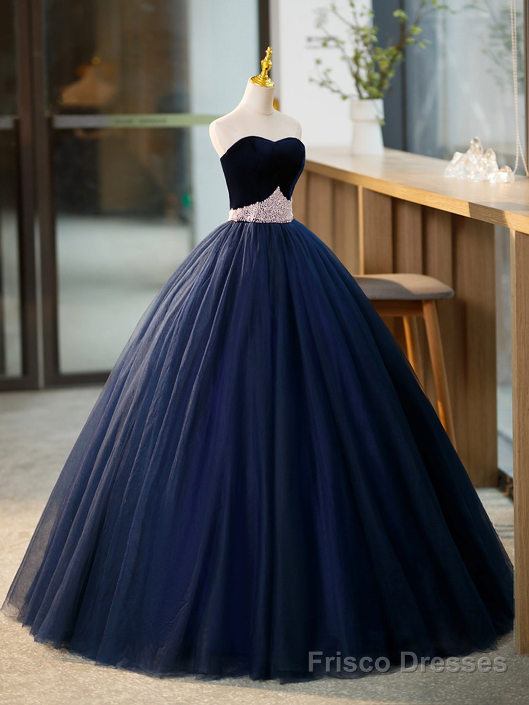 Blue Tulle Long Formal Dress with Velvet, Blue Sweetheart Neck Prom Dress Main image