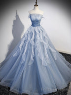 Blue Strapless Tulle Long Prom Dress, Chic A-Line Formal Dress with Long Sleeves