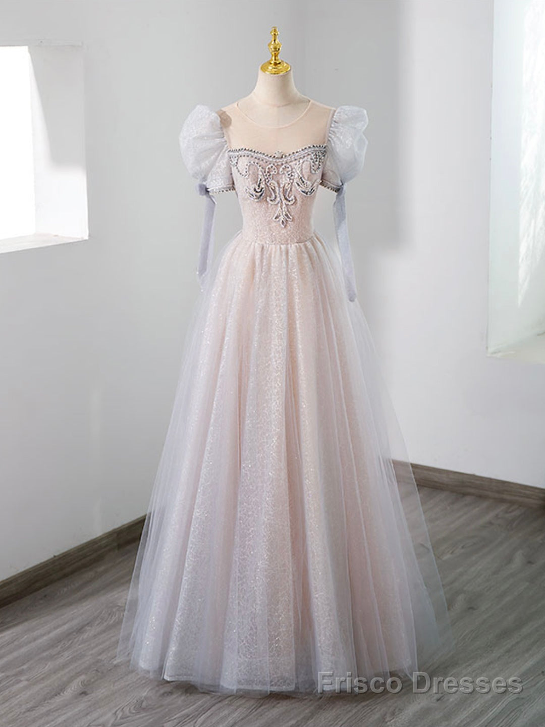 Cute Tulle Beaded Long Prom Dress, A-Line Short Sleeve Evening Dress Main image