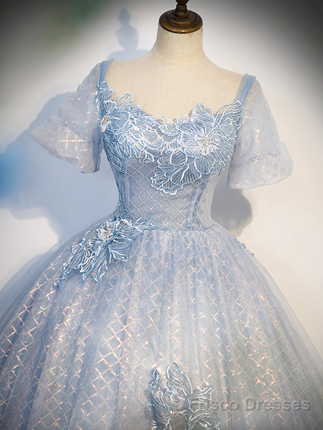 Blue Tulle Lace Long Prom Dress, Shiny A-Line Short Sleeve Evening Dress Main image