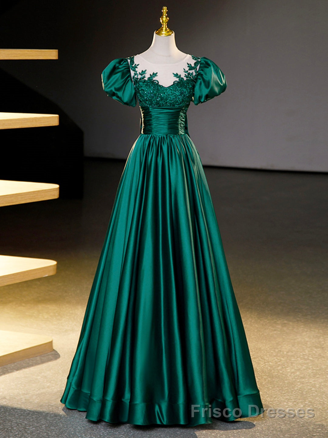 Green Satin Lace Floor Length Formal Dress, Short Sleeve A-Line Evening Dress Secondary image