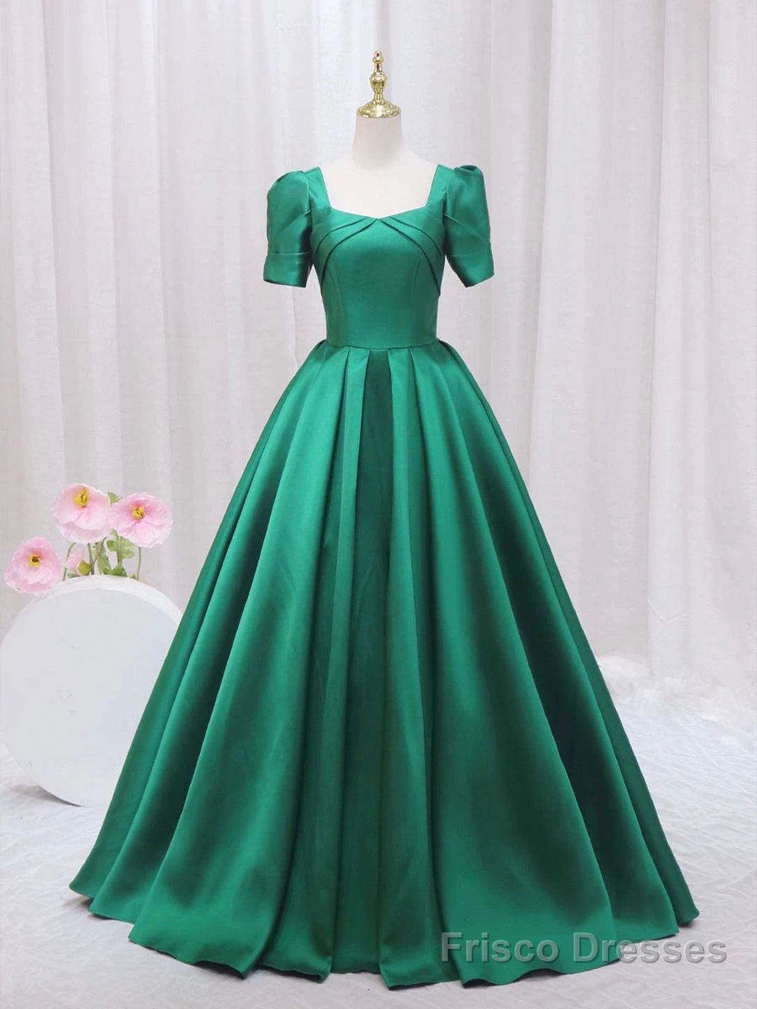 Green Satin Floor Length Prom Dress, Green Short Sleeve Evening Dress Main image