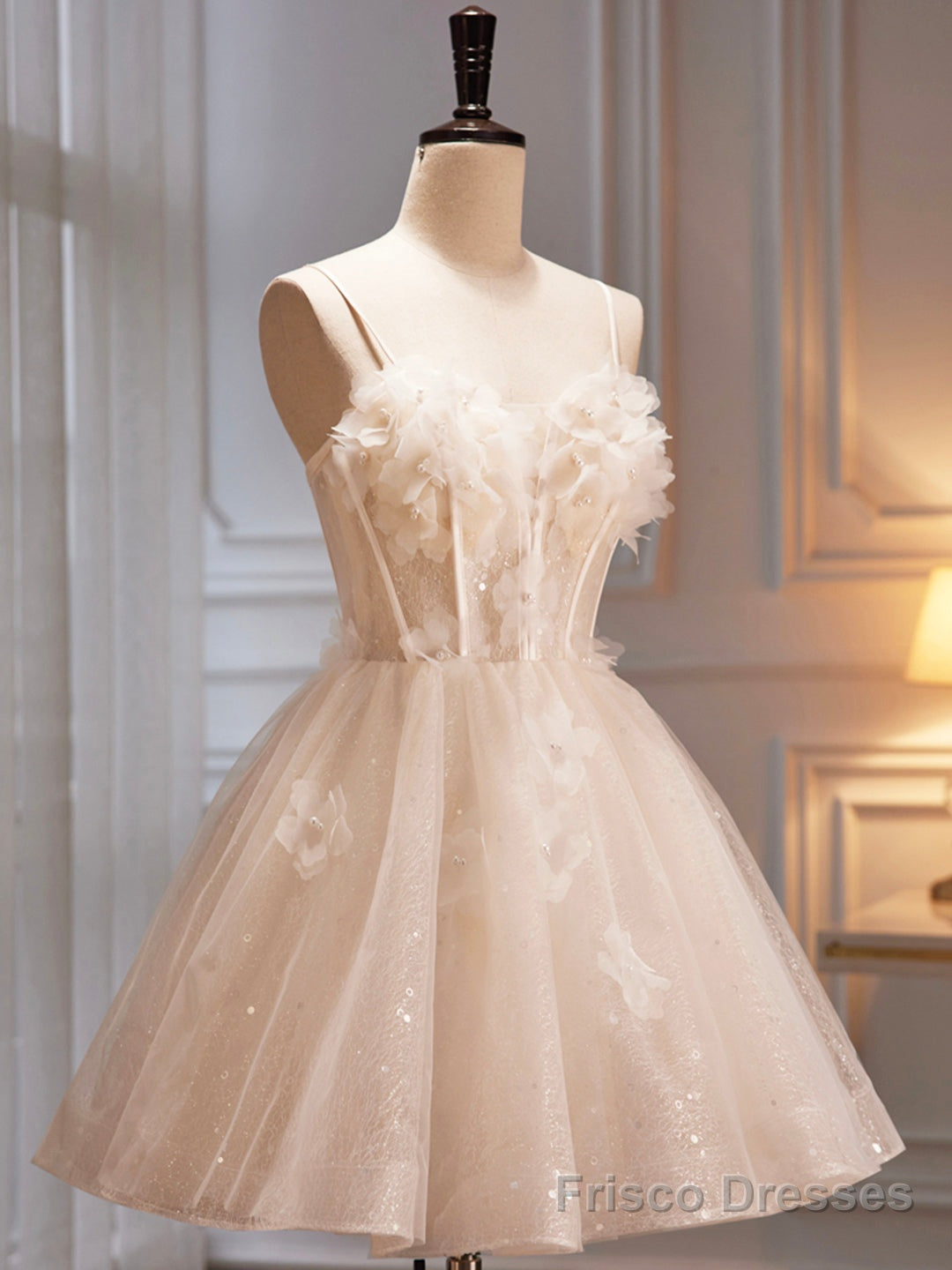 Champagne Spaghetti Strap Party Dress, Cute A-Line Evening Dress Homecoming Dress Secondary image