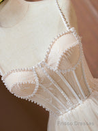 Champagne Spaghetti Strap Party Dress, Cute A-Line Evening Dress with Pearls