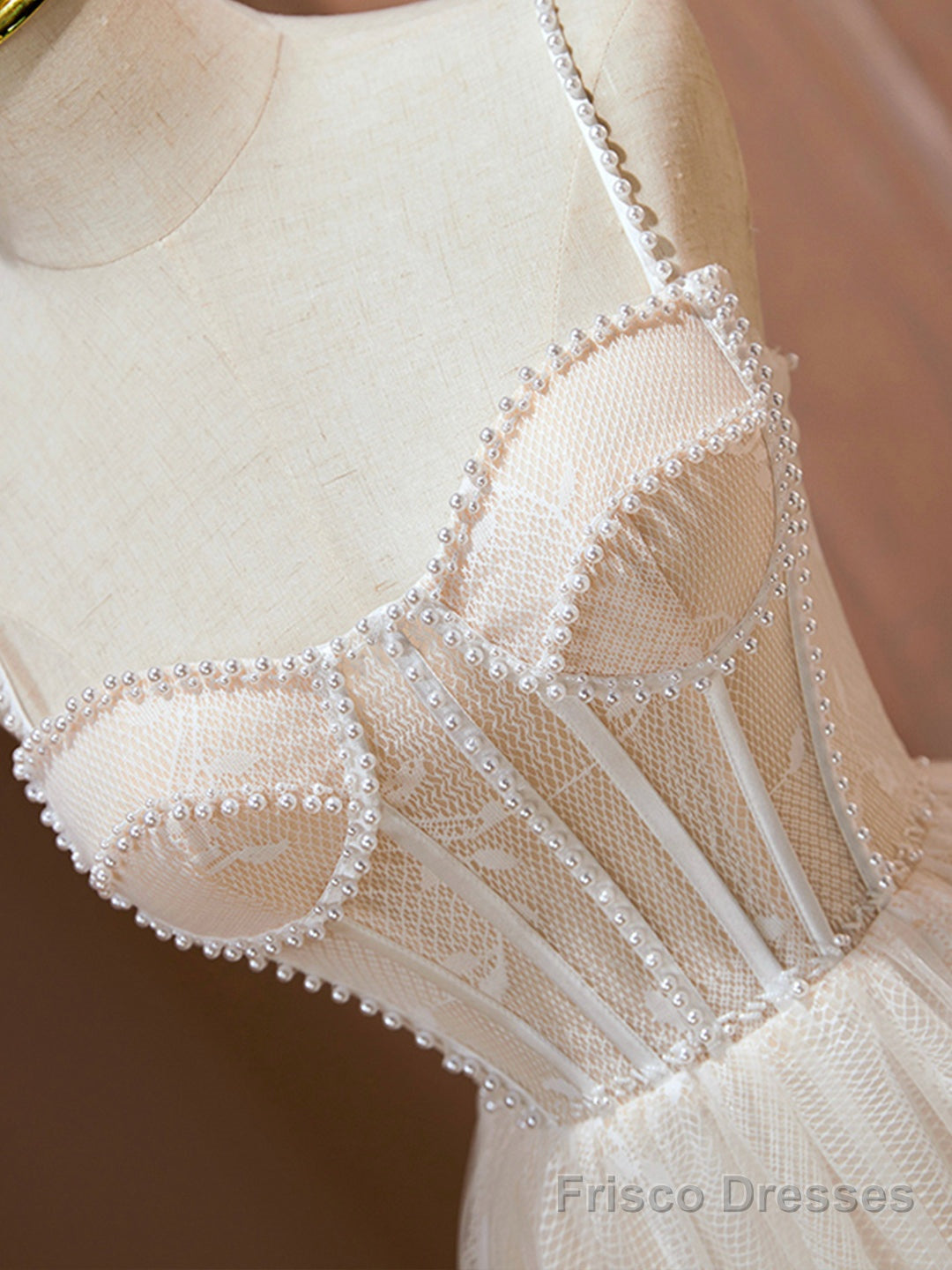 Champagne Spaghetti Strap Party Dress, Cute A-Line Evening Dress with Pearls