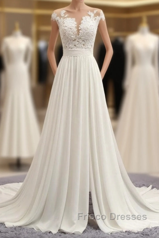 Long A-line Appliques Lace Chiffon Wedding Dress with Slit