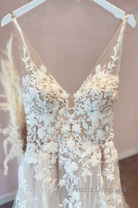 Long A-Line Appliques Lace Spaghetti Straps Sweetheart Tulle Wedding Dress