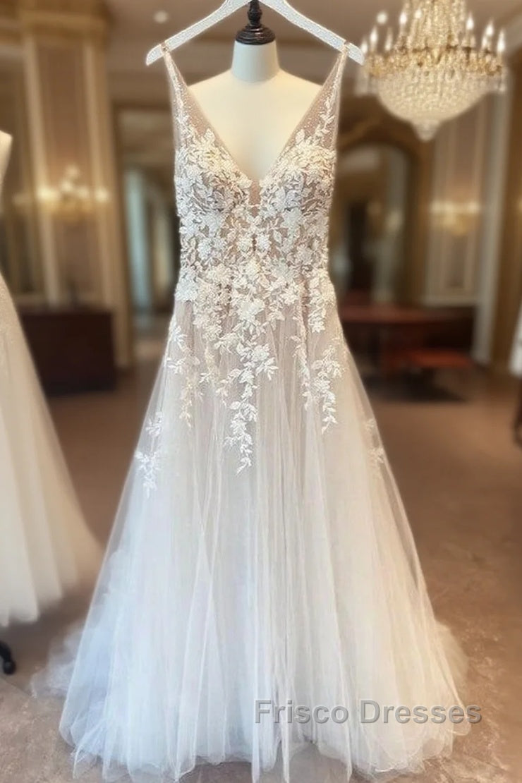 Long A-Line Appliques Lace Spaghetti Straps Sweetheart Tulle Wedding Dress