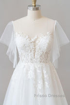 Long A-line Appliques Lace Tulle Wedding Dress with Sleeves