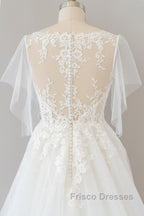 Long A-line Appliques Lace Tulle Wedding Dress with Sleeves