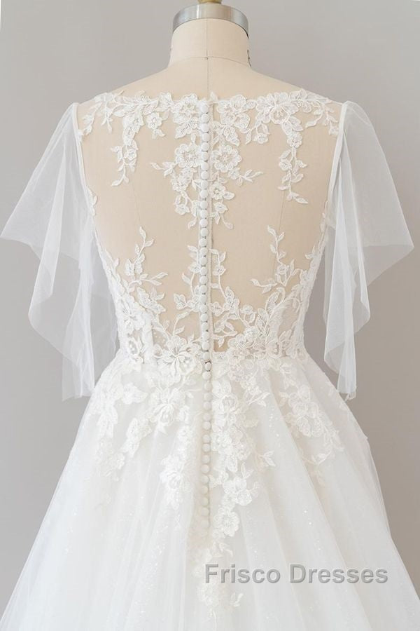 Long A-line Appliques Lace Tulle Wedding Dress with Sleeves