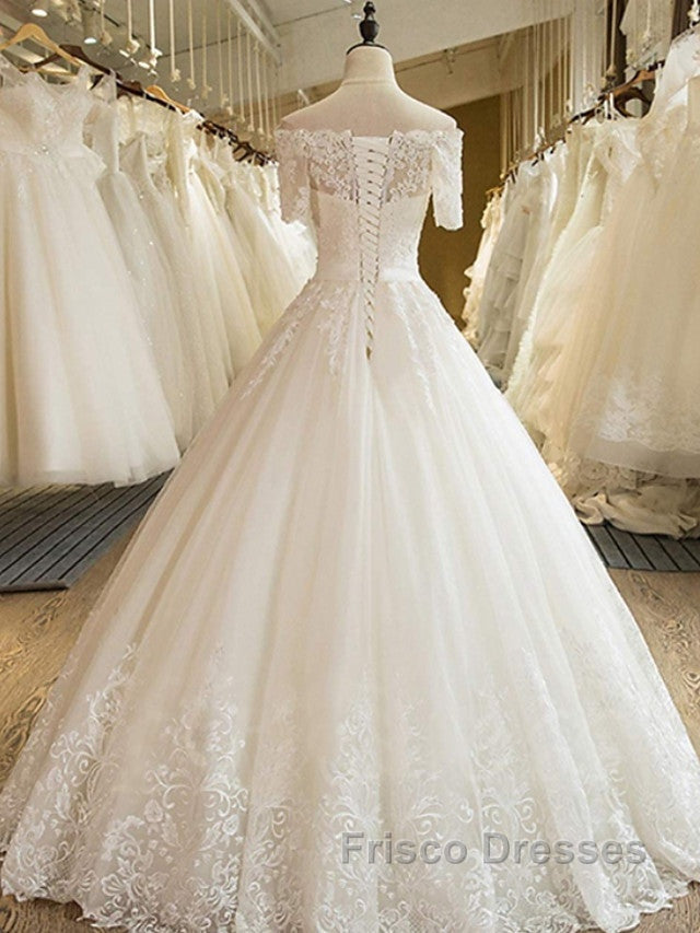 Long A-line Off Shoulder Court Train Lace Tulle Wedding Dress with Sleeves Secondary image