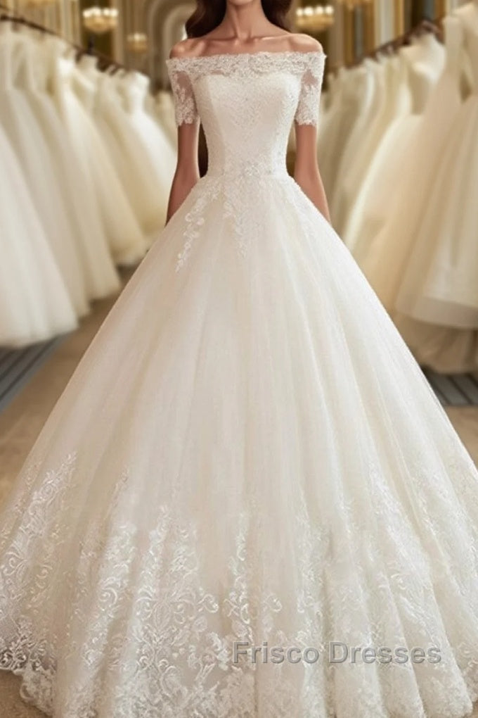 Long A-line Off Shoulder Court Train Lace Tulle Wedding Dress with Sleeves Main image
