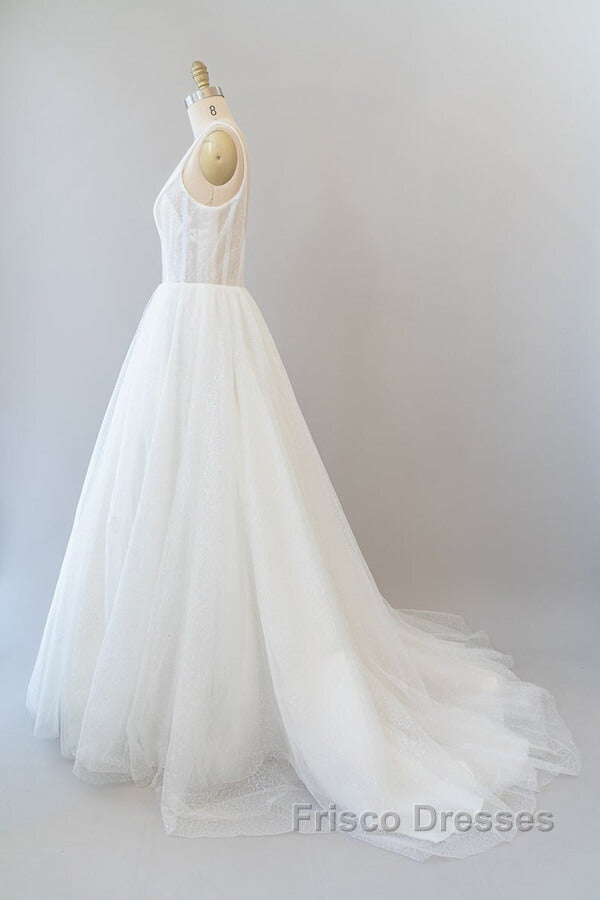 Long A-line Open Back Sequins Tulle Backless Wedding Dress