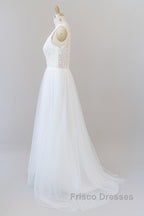 Long A-line Open Back V-neck Lace Tulle Wedding Dress
