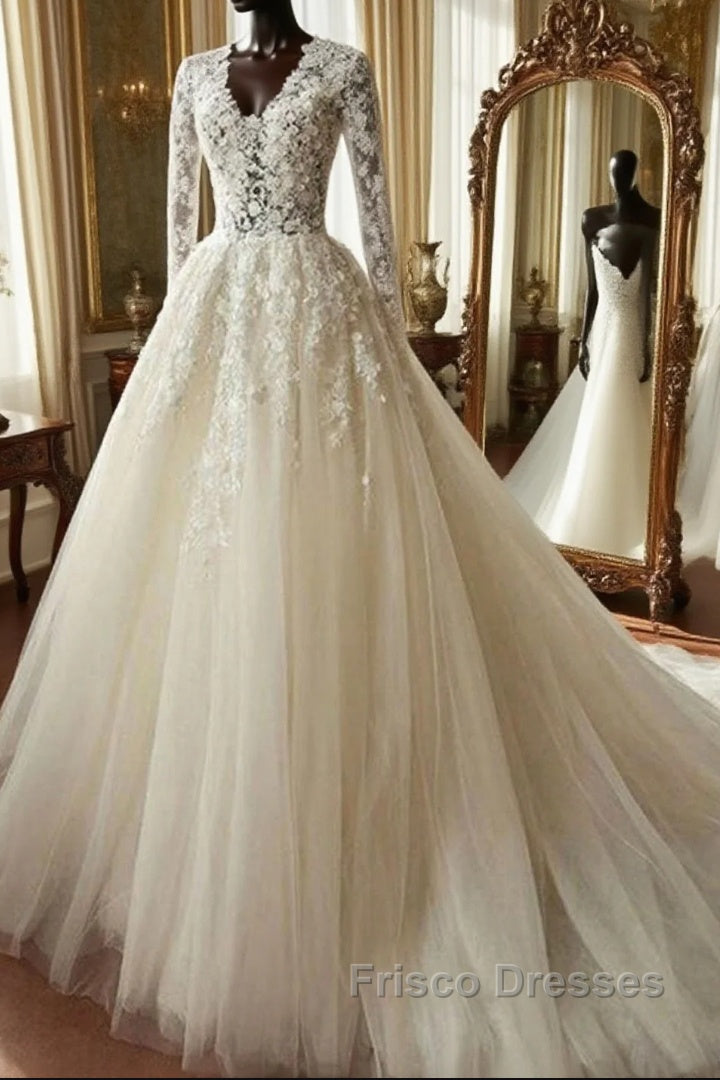 Long A-line Organza Lace Wedding Dress with Sleeves