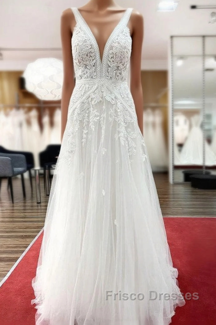Long A-line Sleeveless Tulle Lace Appliques Open Back Wedding Dress Main image