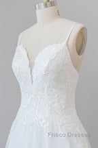 Long A-line Spaghetti Strap Applique Tulle Backless Wedding Dress
