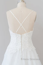 Long A-line Spaghetti Strap Applique Tulle Backless Wedding Dress