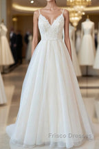 Long A-line Spaghetti Strap Lace Tulle Backless Wedding Dress