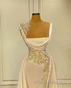 Long A-Line Square Neckline Satin Ivory Formal Prom Dress With Slit