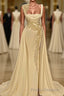 Long A-Line Square Neckline Satin Ivory Formal Prom Dress With Slit