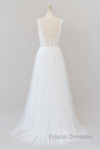 Long A-line Straps V-neck Chiffon Open Back Wedding Dress