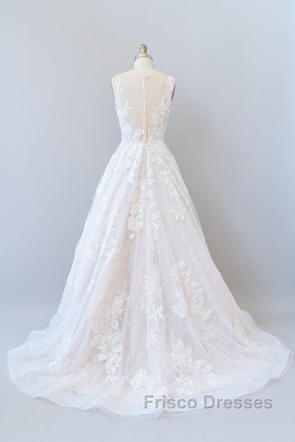 Long A-line Sweetheart Appliques Lace Tulle Wedding Dress