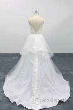 Long A-line Sweetheart Appliques Spaghetti Strap Tulle Wedding Dress