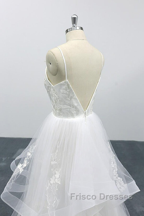Long A-line Sweetheart Appliques Spaghetti Strap Tulle Wedding Dress