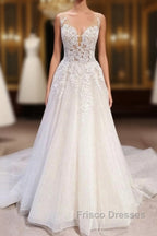 Long A-Line Tulle Backless Appliques Lace Sweetheart Wedding Dress