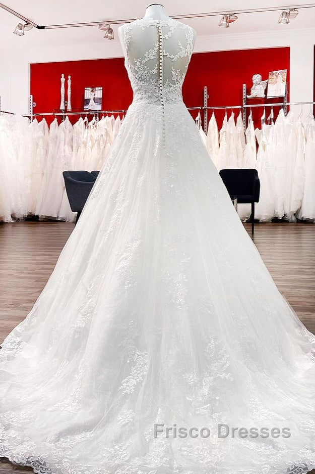 Long A-line Tulle Jewel Lace Appliques Wedding Dress Secondary image