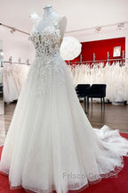 Long A-line Tulle Sleevless Ruffles Jewel Wedding Dress With Lace Appliques