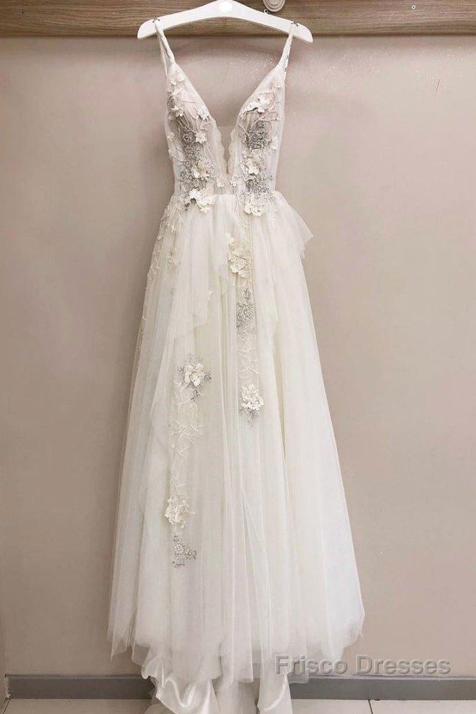 Long A-line Tulle V Neck Lace Applique Wedding Dress Main image