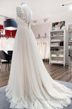 Long A-line Tulle V Neck Open Back Appliques Lace Wedding Dress