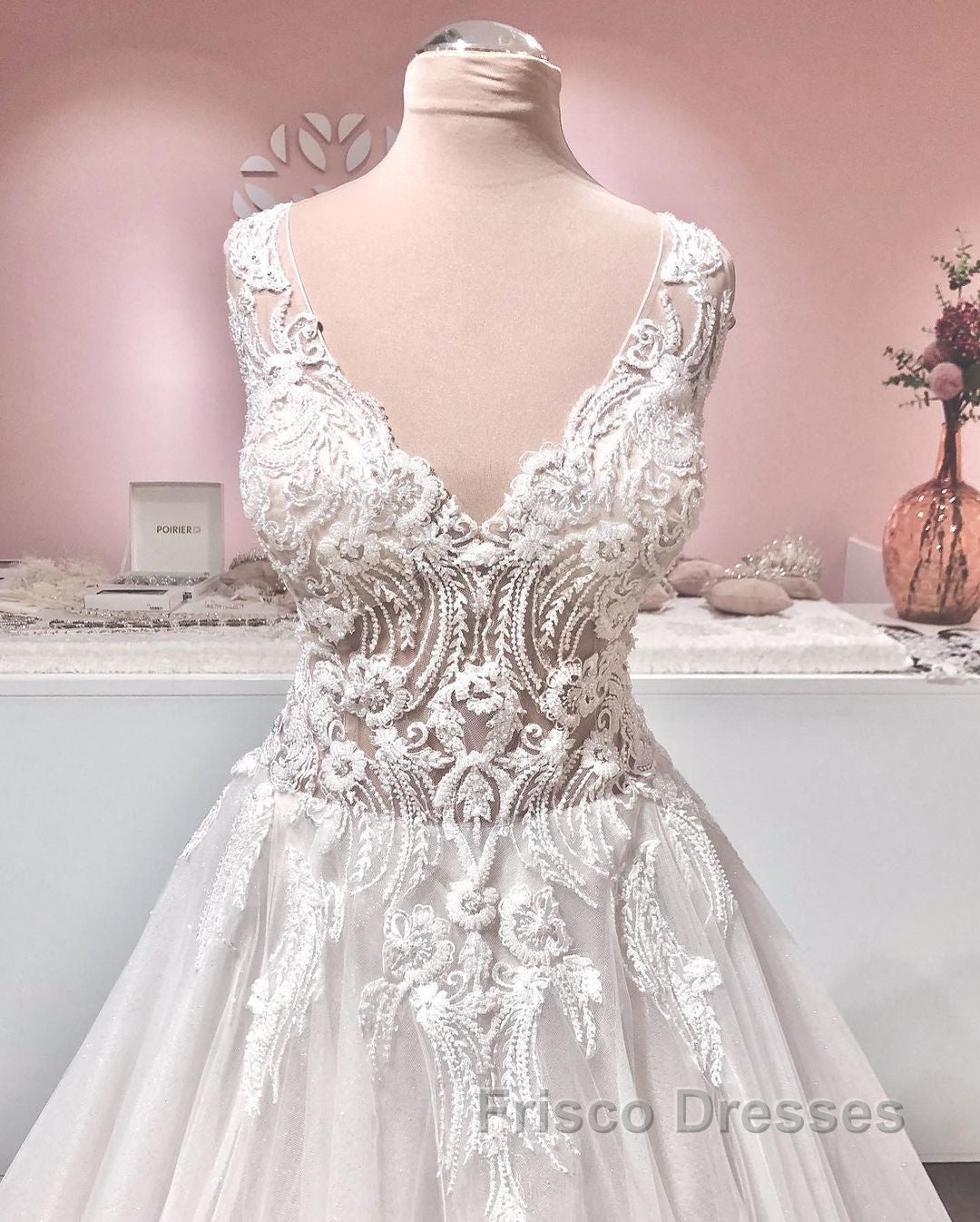 Long A-line V-neck Appliques Lace Backless Tulle Ruffles Wedding Dress