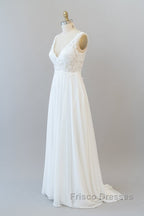 Long A-line V-neck Appliques Lace Chiffon Wedding Dress