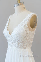 Long A-line V-neck Appliques Lace Chiffon Wedding Dress