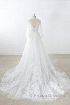 Long A-line V-neck Appliques Lace Tulle Backless Wedding Dress with Sleeves