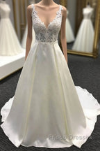 Long A-Line V Neck Halter Satin Wedding Dress