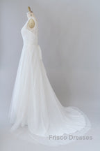 Long A-line V-neck Lace Tulle Backless Wedding Dress